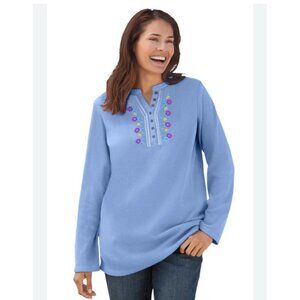 Woman Within Womens Embroidered Thermal Henley Blouse Top 4x 34/36